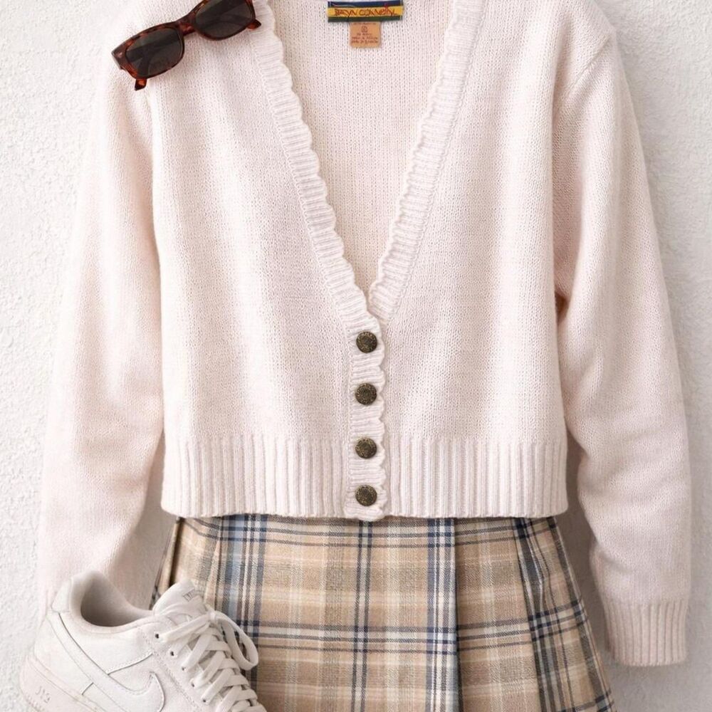 Vintage Bryn Connelly Cardigan Small Cream Gold Button 90s Preppy